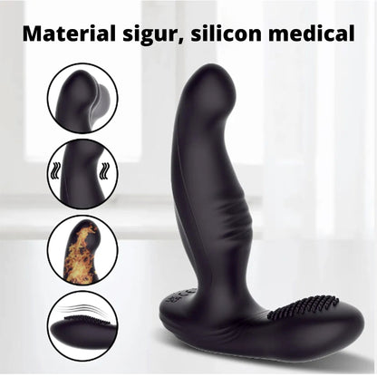 Vibrator LovePlay™ BlackDragon, cu 7 tipuri de vibratii puternice, anal, stimulare dubla, functie de incalzire, incarcare USB, control prin telecomanda wireless de la 10 m, rezistent la apa, silentios, din silicon, negru, 12 x 13, 5 x 4 cm - LovePlay