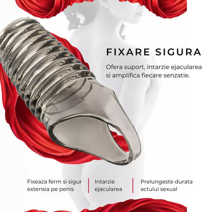 Manson de penis LovePlay™ din silicon premium, cu efect de intarziere a ejacularii, design striat pentru stimulare intensa, fixare sigura cu inel de prindere, negru, 11.5 x 3.5 cm - LovePlay