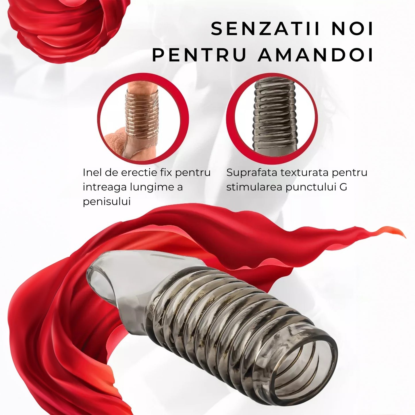Manson de penis LovePlay™ din silicon premium, cu efect de intarziere a ejacularii, design striat pentru stimulare intensa, fixare sigura cu inel de prindere, negru, 11.5 x 3.5 cm - LovePlay