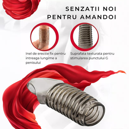 Manson de penis LovePlay™ din silicon premium, cu efect de intarziere a ejacularii, design striat pentru stimulare intensa, fixare sigura cu inel de prindere, negru, 11.5 x 3.5 cm - LovePlay