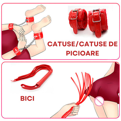Set complet de accesorii BDSM YesSir LovePlay™ format din catuse pentru maini si picioare, bici, lesa, zgarda, masca de ochi, clesti pentru sfarcuri, prinzatori de pat, din piele ecologica, rosu, ajustabil - LovePlay