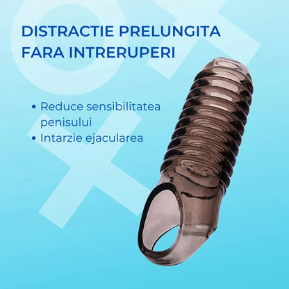 Manson de penis LovePlay™ din silicon premium, cu efect de intarziere a ejacularii, design striat pentru stimulare intensa, fixare sigura cu inel de prindere, negru, 11.5 x 3.5 cm - LovePlay