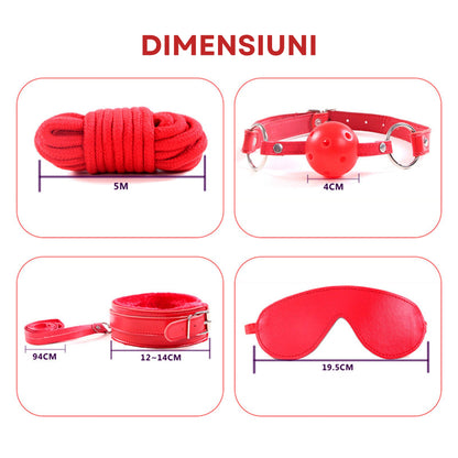 Set complet de accesorii BDSM YesSir LovePlay™ format din catuse pentru maini si picioare, bici, lesa, zgarda, masca de ochi, clesti pentru sfarcuri, prinzatori de pat, din piele ecologica, rosu, ajustabil - LovePlay