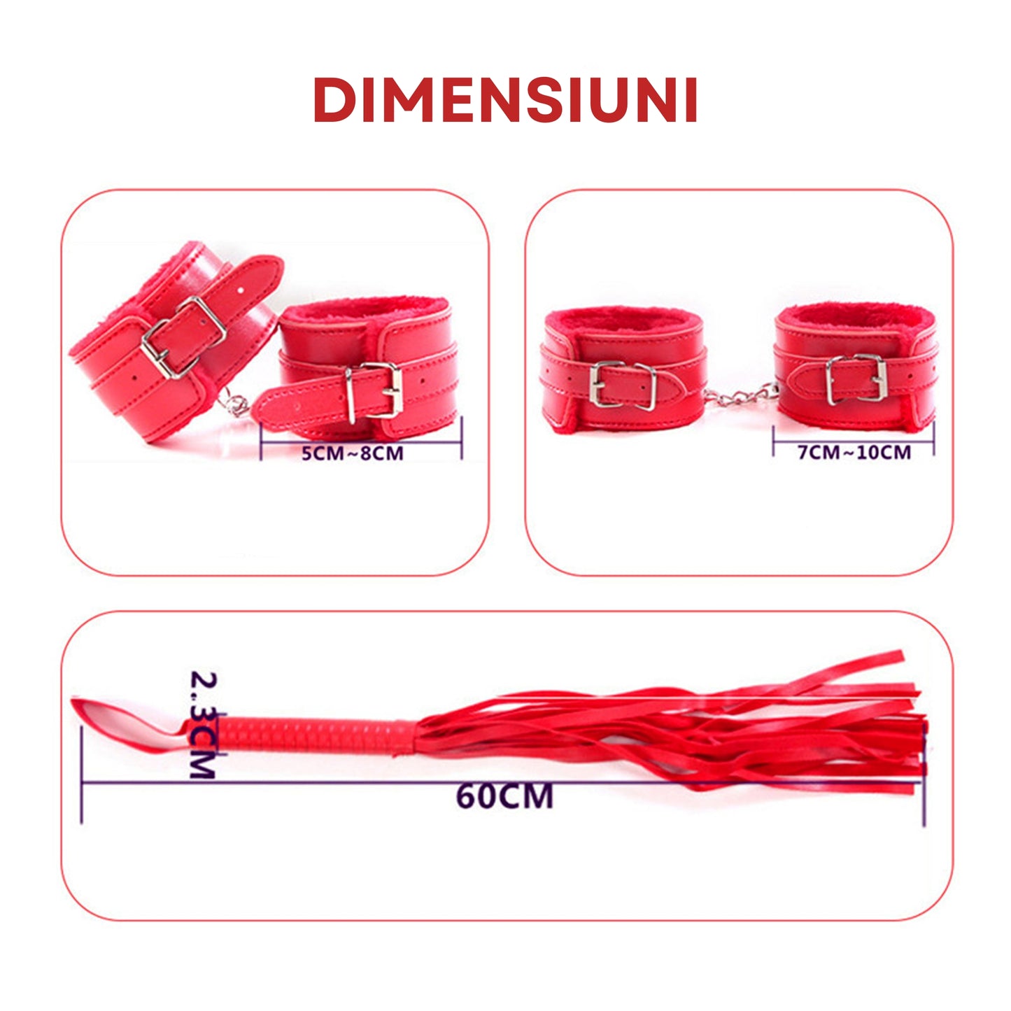 Set complet de accesorii BDSM YesSir LovePlay™ format din catuse pentru maini si picioare, bici, lesa, zgarda, masca de ochi, clesti pentru sfarcuri, prinzatori de pat, din piele ecologica, rosu, ajustabil - LovePlay