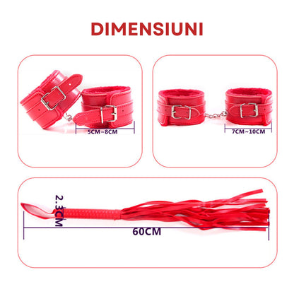 Set complet de accesorii BDSM YesSir LovePlay™ format din catuse pentru maini si picioare, bici, lesa, zgarda, masca de ochi, clesti pentru sfarcuri, prinzatori de pat, din piele ecologica, rosu, ajustabil - LovePlay