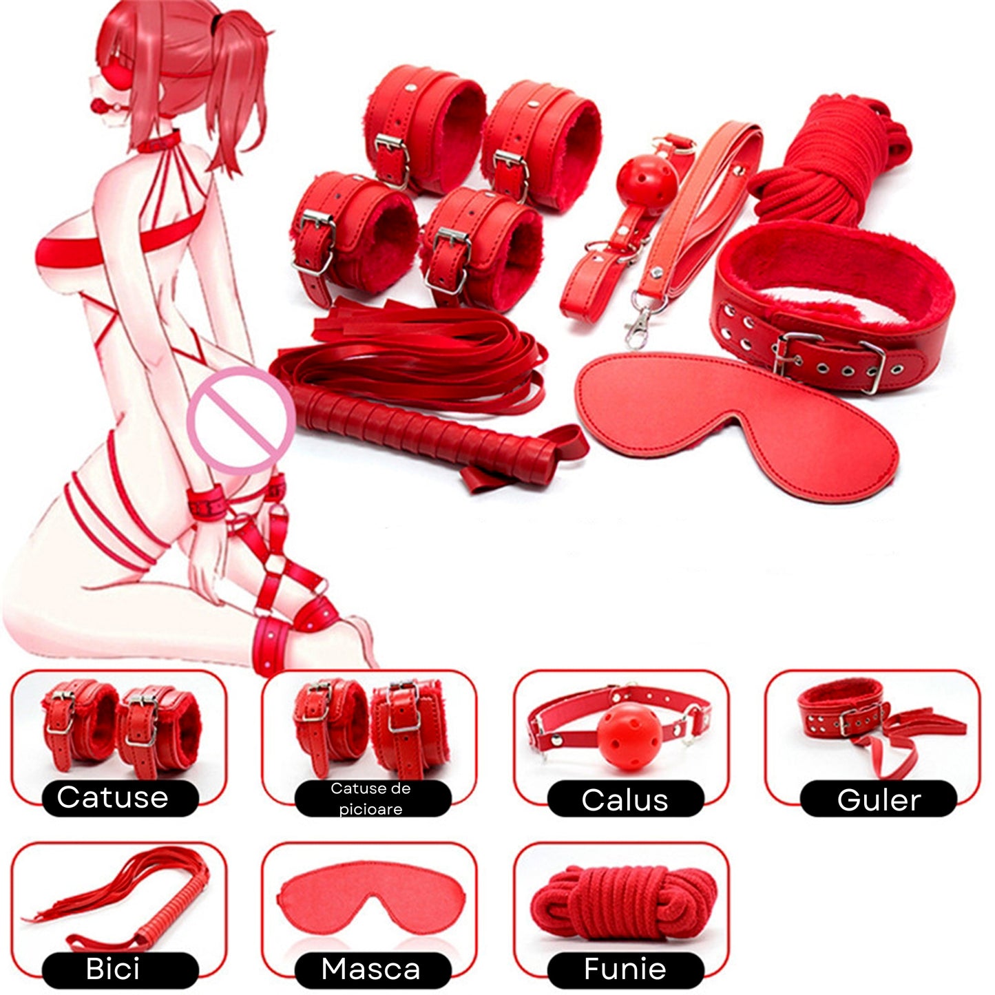 Set complet de accesorii BDSM YesSir LovePlay™ format din catuse pentru maini si picioare, bici, lesa, zgarda, masca de ochi, clesti pentru sfarcuri, prinzatori de pat, din piele ecologica, rosu, ajustabil - LovePlay