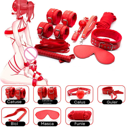 Set complet de accesorii BDSM YesSir LovePlay™ format din catuse pentru maini si picioare, bici, lesa, zgarda, masca de ochi, clesti pentru sfarcuri, prinzatori de pat, din piele ecologica, rosu, ajustabil - LovePlay