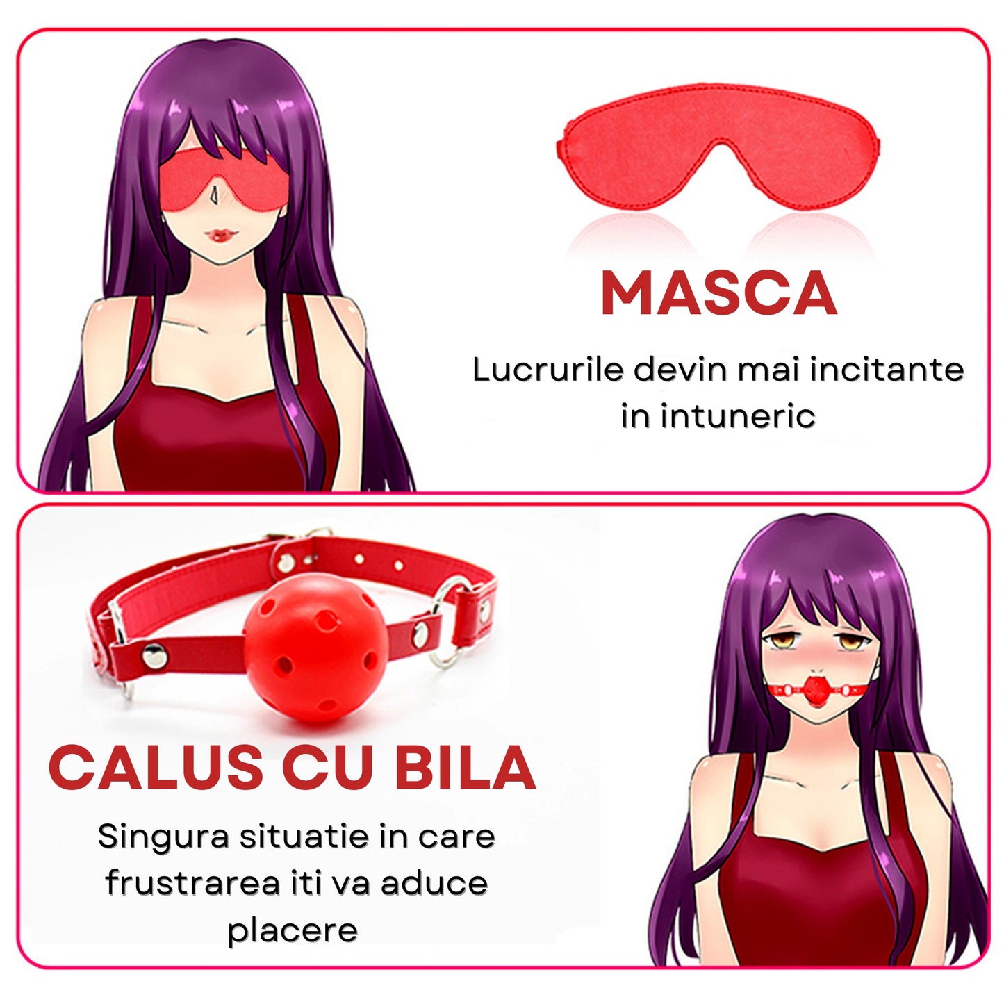 Set complet de accesorii BDSM YesSir LovePlay™ format din catuse pentru maini si picioare, bici, lesa, zgarda, masca de ochi, clesti pentru sfarcuri, prinzatori de pat, din piele ecologica, rosu, ajustabil - LovePlay