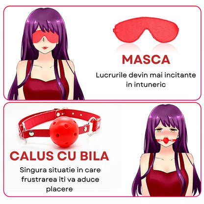 Set complet de accesorii BDSM YesSir LovePlay™ format din catuse pentru maini si picioare, bici, lesa, zgarda, masca de ochi, clesti pentru sfarcuri, prinzatori de pat, din piele ecologica, rosu, ajustabil - LovePlay