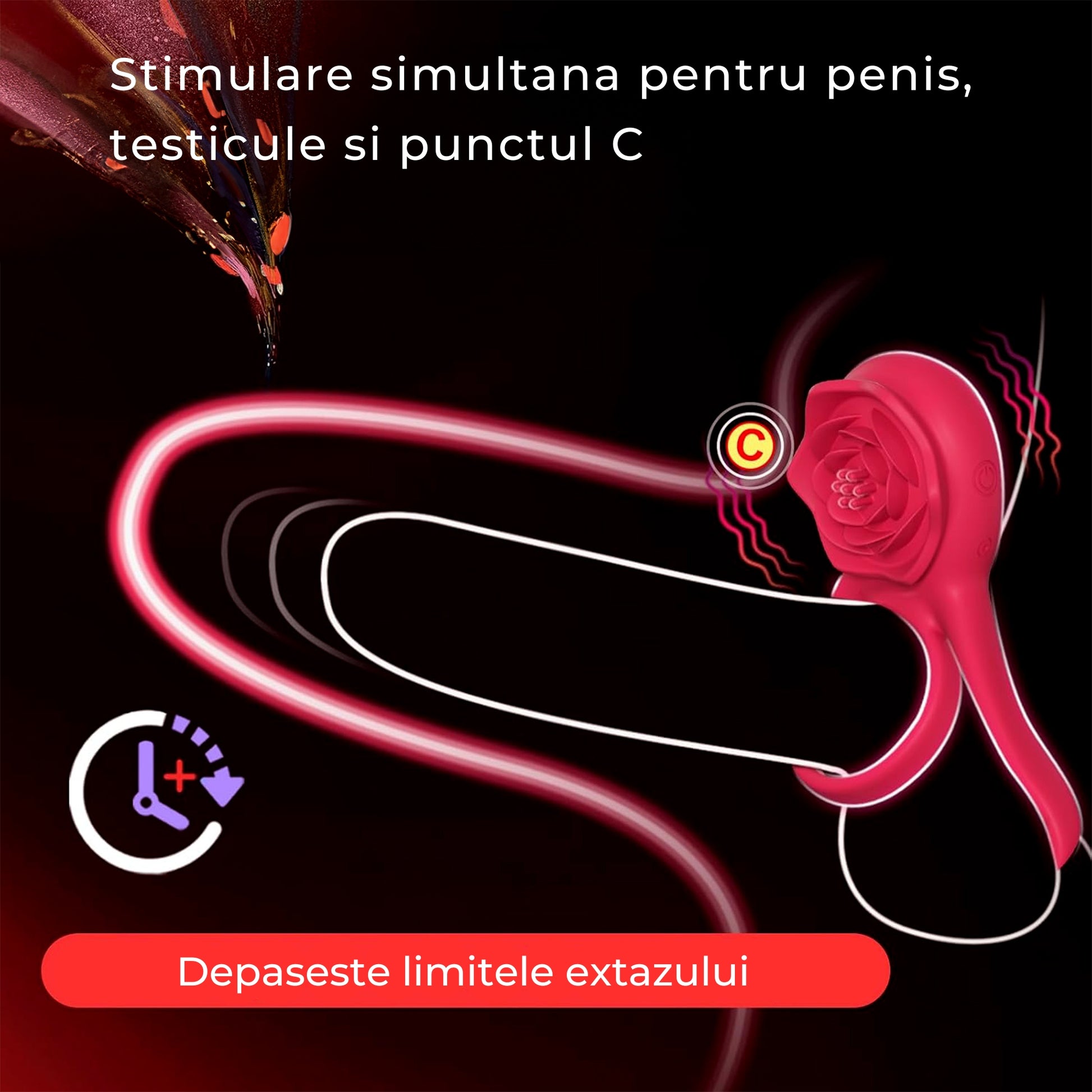 Vibrator LovePlay™ 2 in 1 RosePlay, cu inel dublu pentru penis si testicule, stimulare clitoris si punct G, 7 moduri vibratie, reincarcabil USB, silentios, rezistent la apa, silicon, rosu pudrat - LovePlay