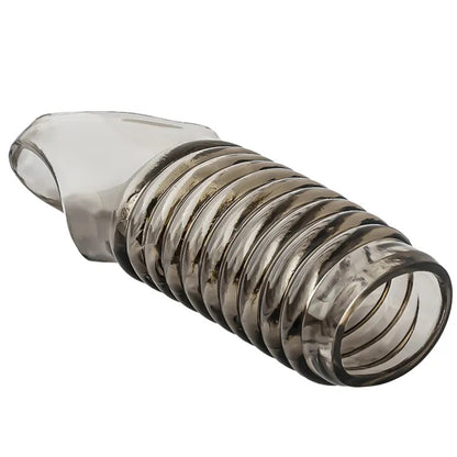 Manson de penis LovePlay™ din silicon premium, cu efect de intarziere a ejacularii, design striat pentru stimulare intensa, fixare sigura cu inel de prindere, negru, 11.5 x 3.5 cm - LovePlay