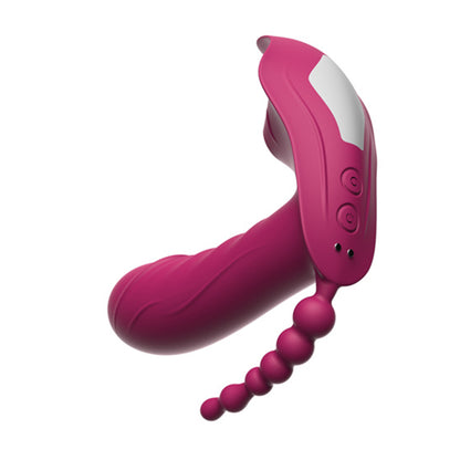 Vibrator LovePlay™ WarmTouch 3in1, 10 moduri de vibratie diferite, stimulare tripla: anala, vaginala si clitoridiana, control de la distanta prin telecomanda wireless, rezistent la apa, din silicon, mov, silentios, lungime inserabila 9.7 cm