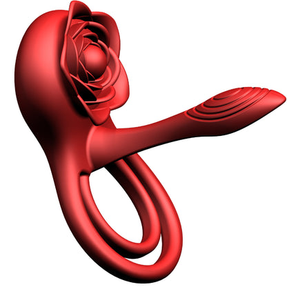 Vibrator LovePlay™ 3 in 1 RoseRing, 9 moduri de vibratie diferite, cu inel de penis pentru intarzierea ejacularii, stimulare clitoridiana si punct G, atasabil, cu telecomanda, incarcare USB, rezistent la apa, design floral, 10 x 10 x 5.4 cm - LovePlay