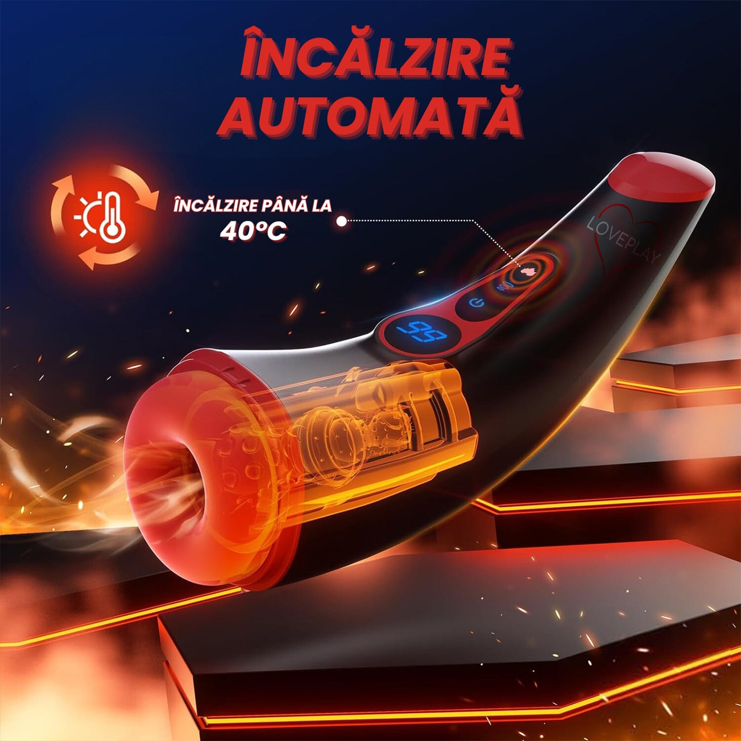 Masturbator LovePlay™ cu 9 moduri de vibratii, 9 moduri de suctie, functie de incalzire, control prin aplicatie, silentios, adancime penetrare 16 cm, design realist, ecran LCD, din silicon premium moale, rezistent la apa, ambalaj discret, usor de folosit - LovePlay