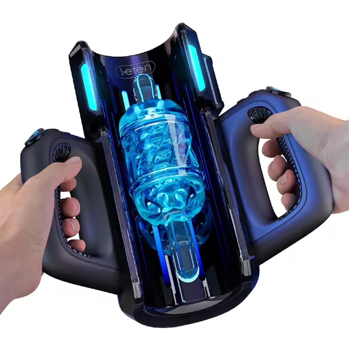 Masturbator Automat LovePlay™ ThrustPro, cu 700 miscari/minut, 10 moduri de suctiune si incalzire 360°, cu sunete interactive, manere si mansoane duble, incarcare USB - LovePlay