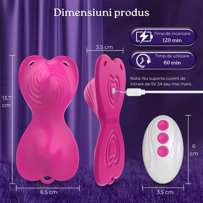 Vibrator LovePlay™ PantyJoy, cu 9 moduri de vibratie prin telecomanda, 9 moduri de vibratie prin aplicatie, dublu motor, design purtabil, pentru stimulare clitoridiana si vaginala, din silicon moale, impermeabil, cu incarcare magnetica USB, roz - LovePlay