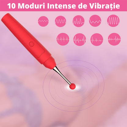Vibrator LovePlay™ RedPen cu 10 moduri diferite de vibratie, sub forma de pix, cu 3 capuri diferite, diferite moduri de stimulare, rezistent la apa, incarcare USB, design discret, usor de curatat si transportat, 17.6 x 2.6cm, din silicon, rosu - LovePlay