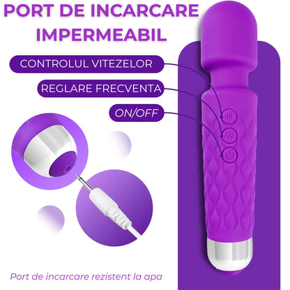 Vibrator LovePlay™ 20Pleasures, cu 20 de viteze, 10 feluri de vibratie diferite, functie de masaj, rezistent la apa, silentios, incarcare USB, usor de folosit si curatat, din silicon, mov, 25 cm, 161 g - LovePlay