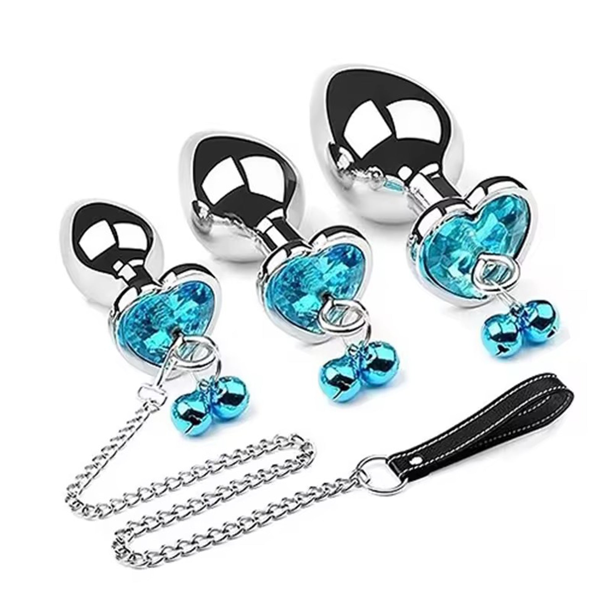 Set dop anal si lesa LovePlay™ GoodGirl, din otel inoxidabil si piele, cu clopotei, rezistent la apa, albastru, lungime 70 mm, diametru 27 mm - LovePlay