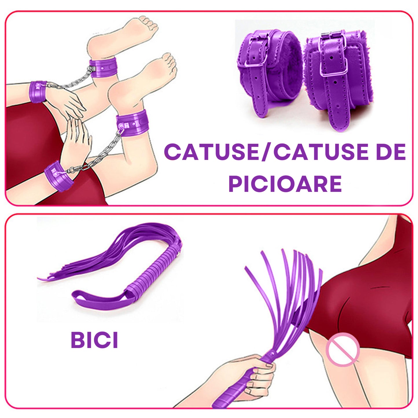 Set complet de accesorii BDSM YesSir LovePlay™ format din catuse pentru maini si picioare, bici, lesa, zgarda, masca de ochi, clesti pentru sfarcuri, prinzatori de pat, din piele ecologica, mov, ajustabil - LovePlay