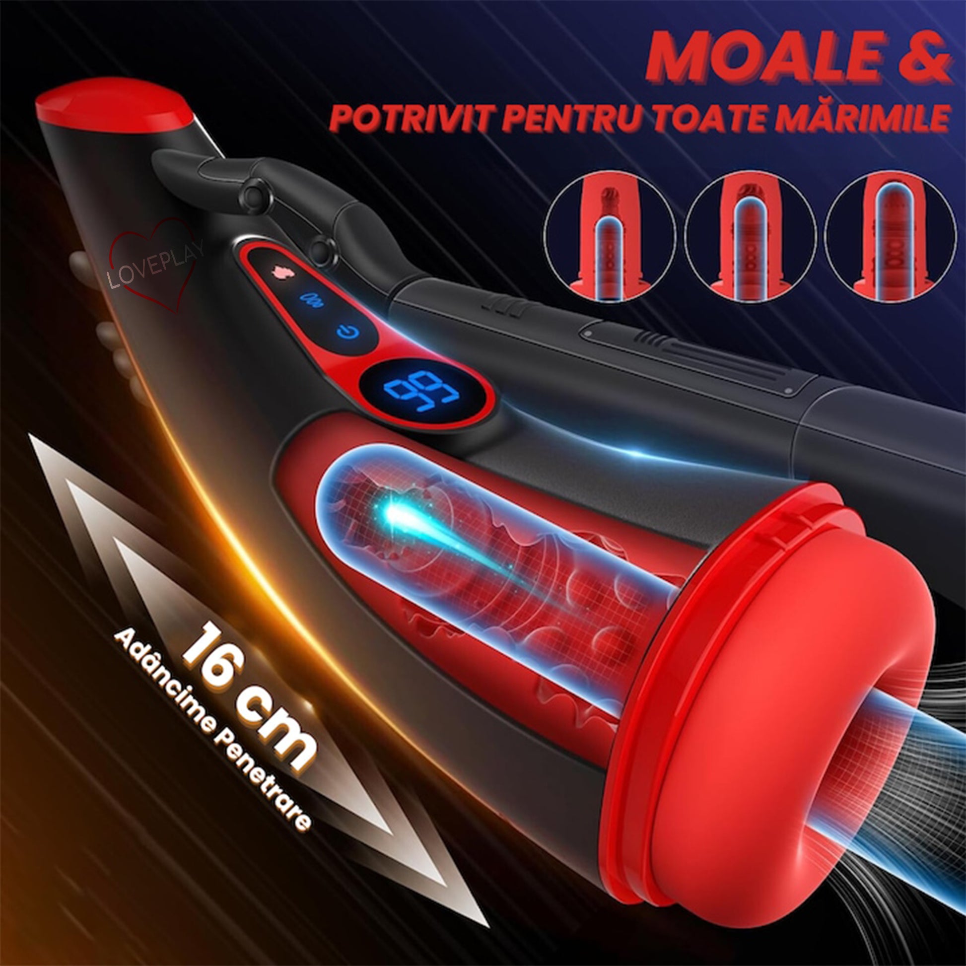 Masturbator LovePlay™ cu 9 moduri de vibratii, 9 moduri de suctie, functie de incalzire, control prin aplicatie, silentios, adancime penetrare 16 cm, design realist, ecran LCD, din silicon premium moale, rezistent la apa, ambalaj discret, usor de folosit - LovePlay