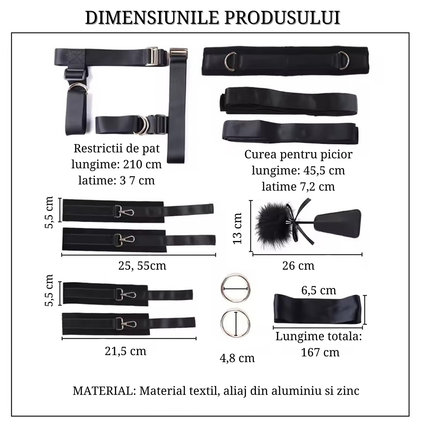 Set catuse erotice BDSM LovePlay™ Attitude, tip mansete, design adjustabil, ideal pentru pat, negru, din piele ecologica - LovePlay