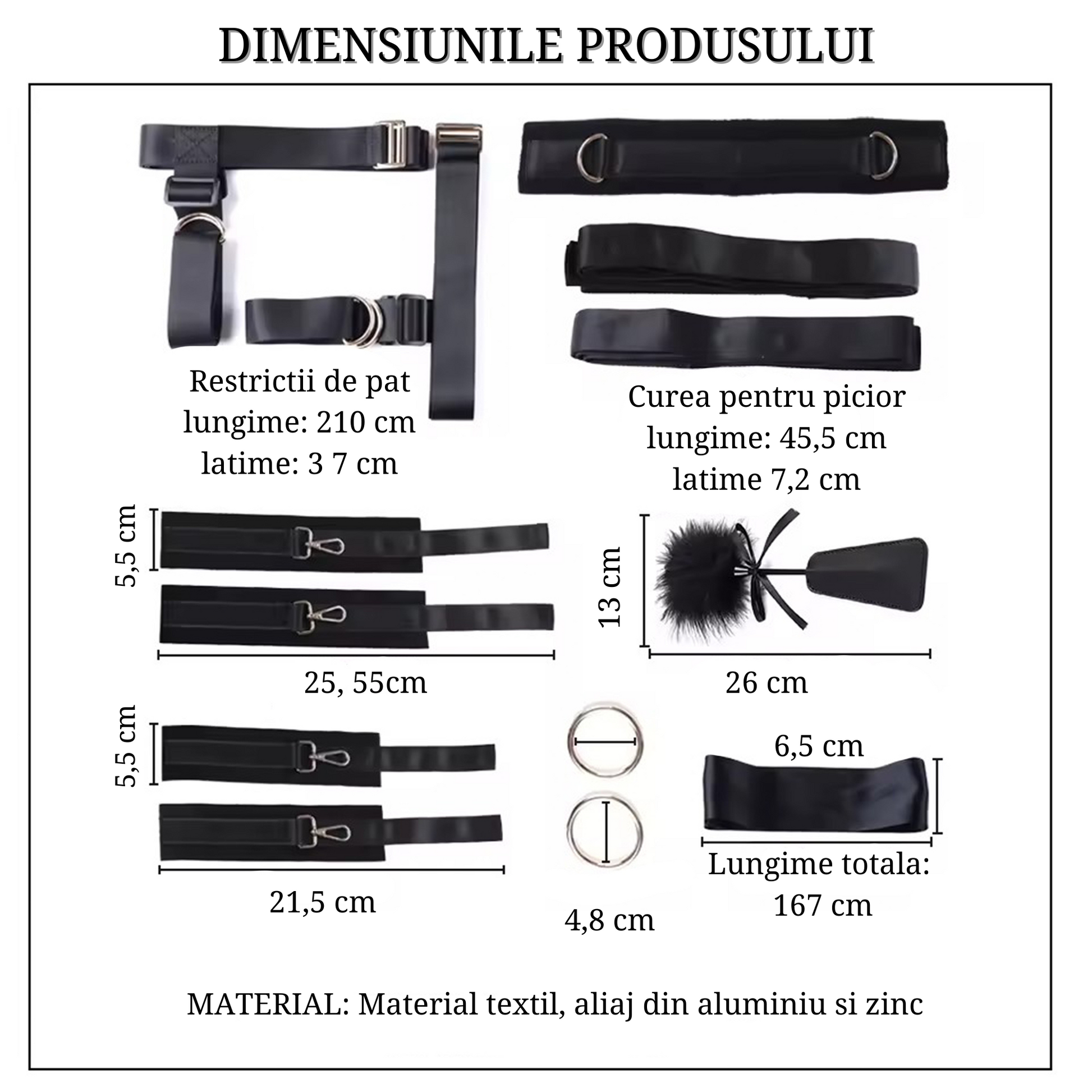 Set catuse erotice BDSM LovePlay™ Attitude, tip mansete, design adjustabil, ideal pentru pat, negru, din piele ecologica - LovePlay