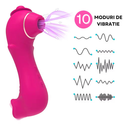 Vibrator 2in1 LovePlay ™ portabil, cu 10 moduri diferite de vibratie, functie de stimulare orala, efect suctie, silentios, din silicon, rezistent la apa, incarcare USB - LovePlay