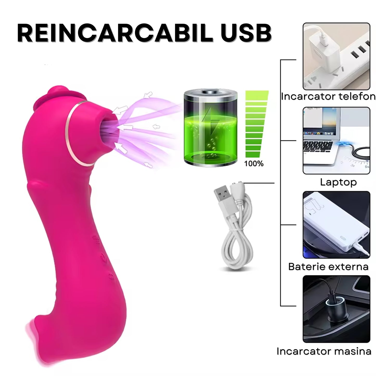 Vibrator 2in1 LovePlay ™ portabil, cu 10 moduri diferite de vibratie, functie de stimulare orala, efect suctie, silentios, din silicon, rezistent la apa, incarcare USB - LovePlay