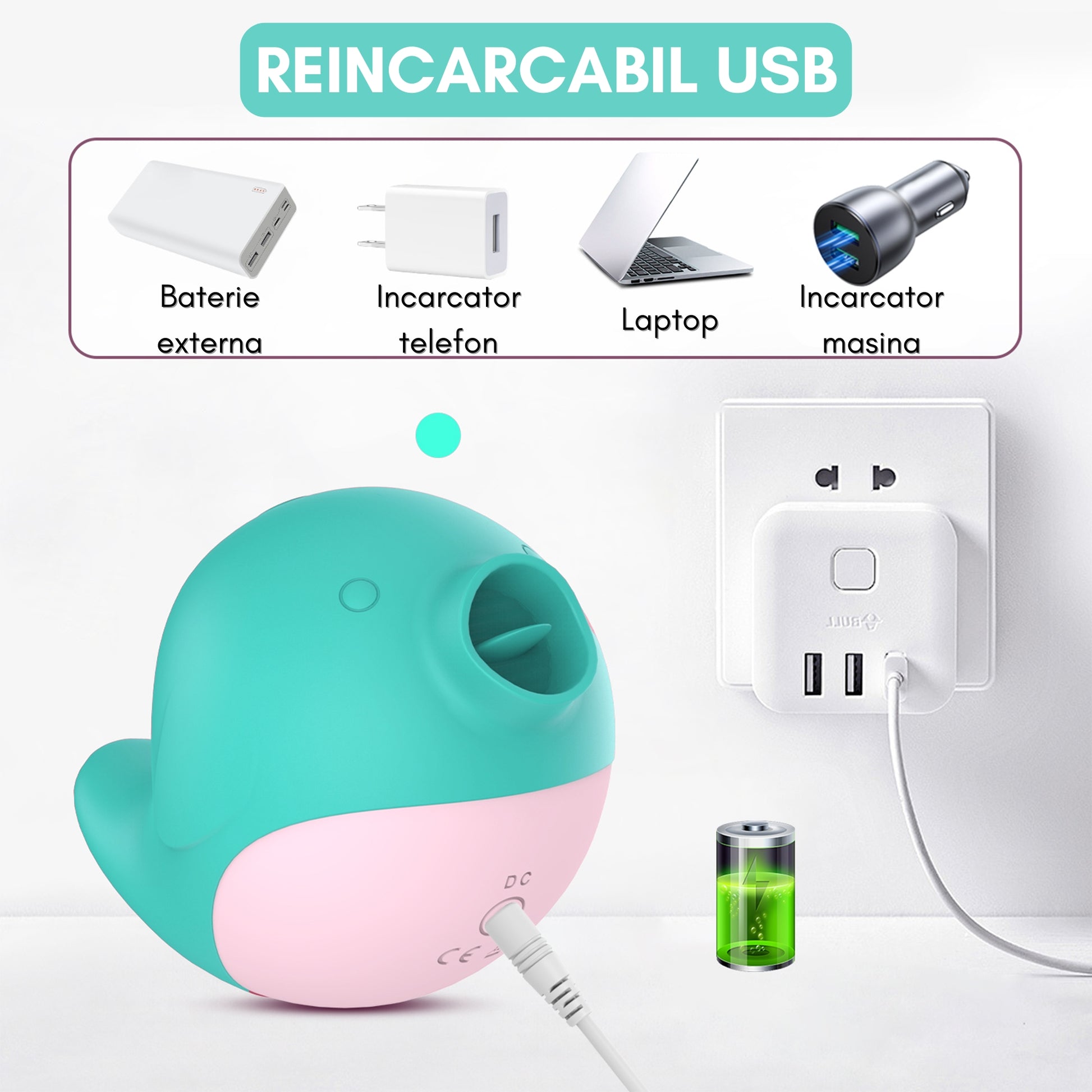 Vibrator LovePlay™ DelfinPlay cu vibratii puternice ajustabile, silentios, rezistent la apa, din silicon, reincacabil, design discret, portabil, usor de folosit, incarcare USB, 6.8x 8.75cm - LovePlay