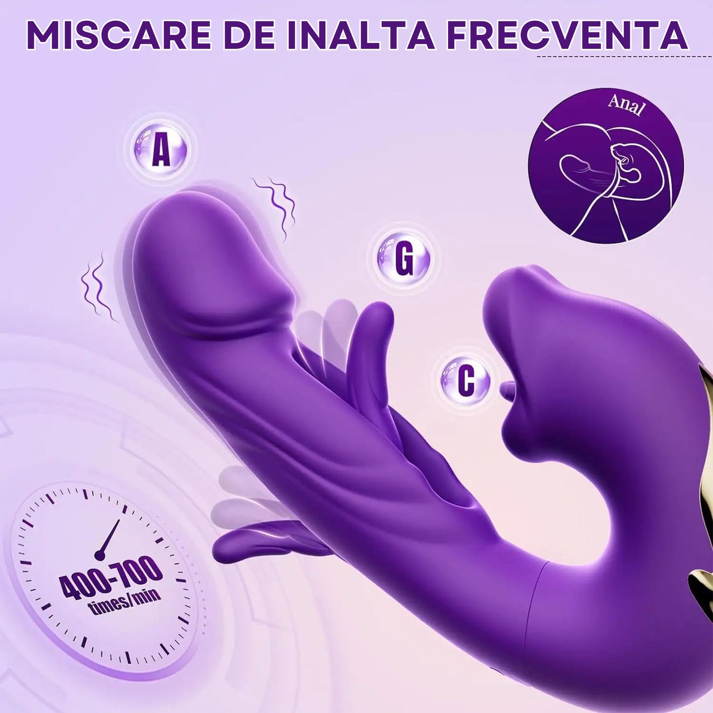 Vibrator Multifunctional Loveplay™ Alien 3 in 1, cu 7 Moduri de Vibratii, 7 Tipuri de Ondulatii, 5 Variatii de Lins, Suctiune Realista cu Buze si Limba, Stimulare Puncte A-G-C, Motor Silentios 30-40 dB, Silicon Premium, Design 2024, Culoare Mov - LovePlay
