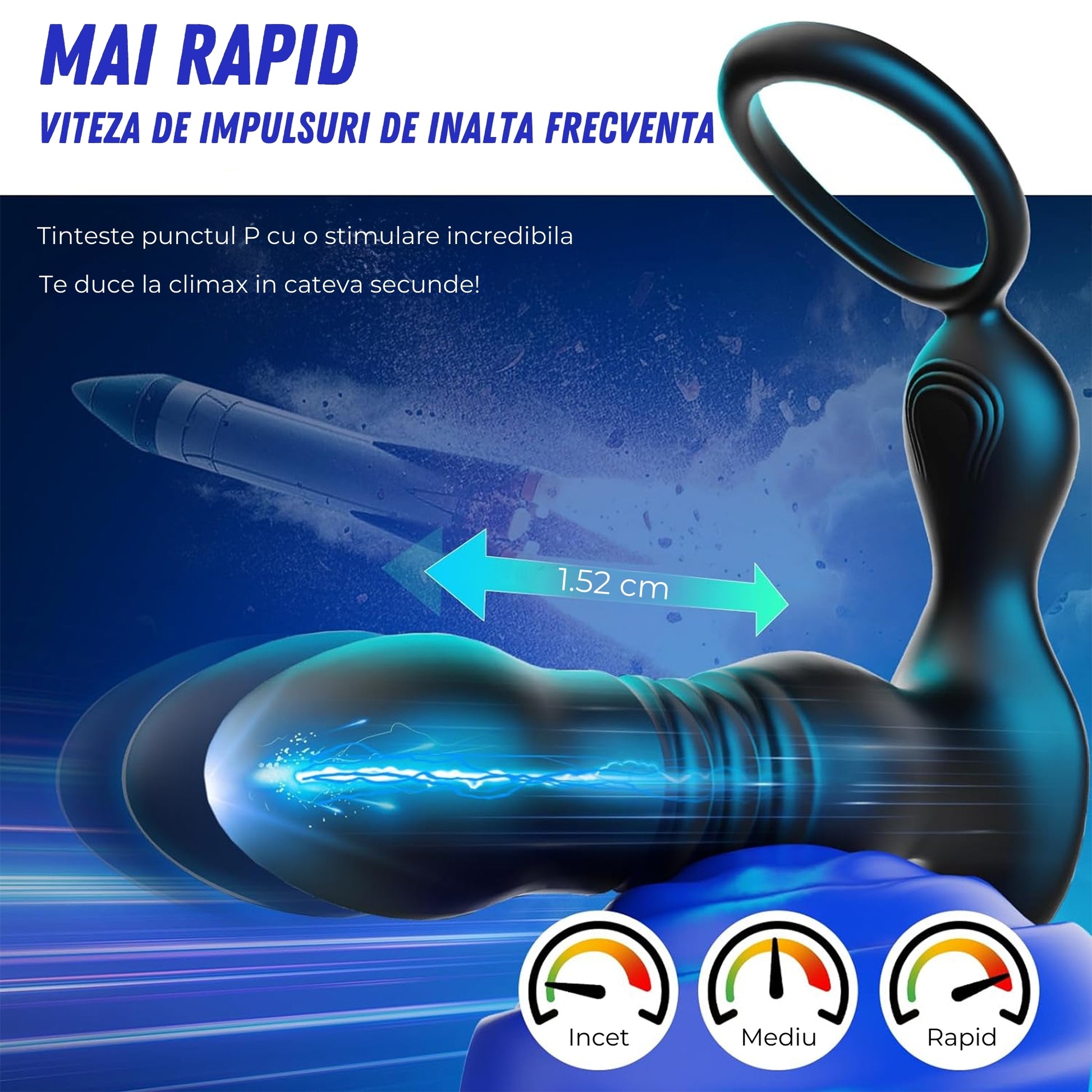 Vibrator Anal 3-in-1 LovePlay™ ThrustMaster, 7 Moduri de Vibratie, cu Miscare de Piston, Inel pentru Penis, Control prin Aplicatie si Telecomanda, Rezistent la Apa, Silicon Premium - LovePlay