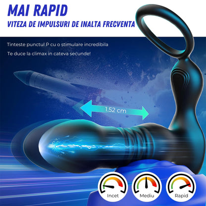 Vibrator Anal 3-in-1 LovePlay™ ThrustMaster, 7 Moduri de Vibratie, cu Miscare de Piston, Inel pentru Penis, Control prin Aplicatie si Telecomanda, Rezistent la Apa, Silicon Premium - LovePlay