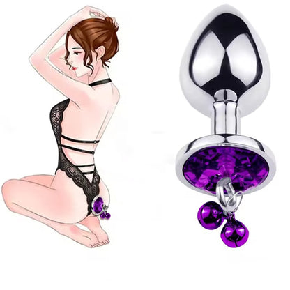 Set Dop Anal Loveplay™ GoodGirl, cu Lesa de 65 cm si Clopotei, Bijuterie Mov, din Otel Inoxidabil, Marime S, Lungime 70 mm, Diametru 27 mm, Forma Conica, Rezistent la Apa - LovePlay