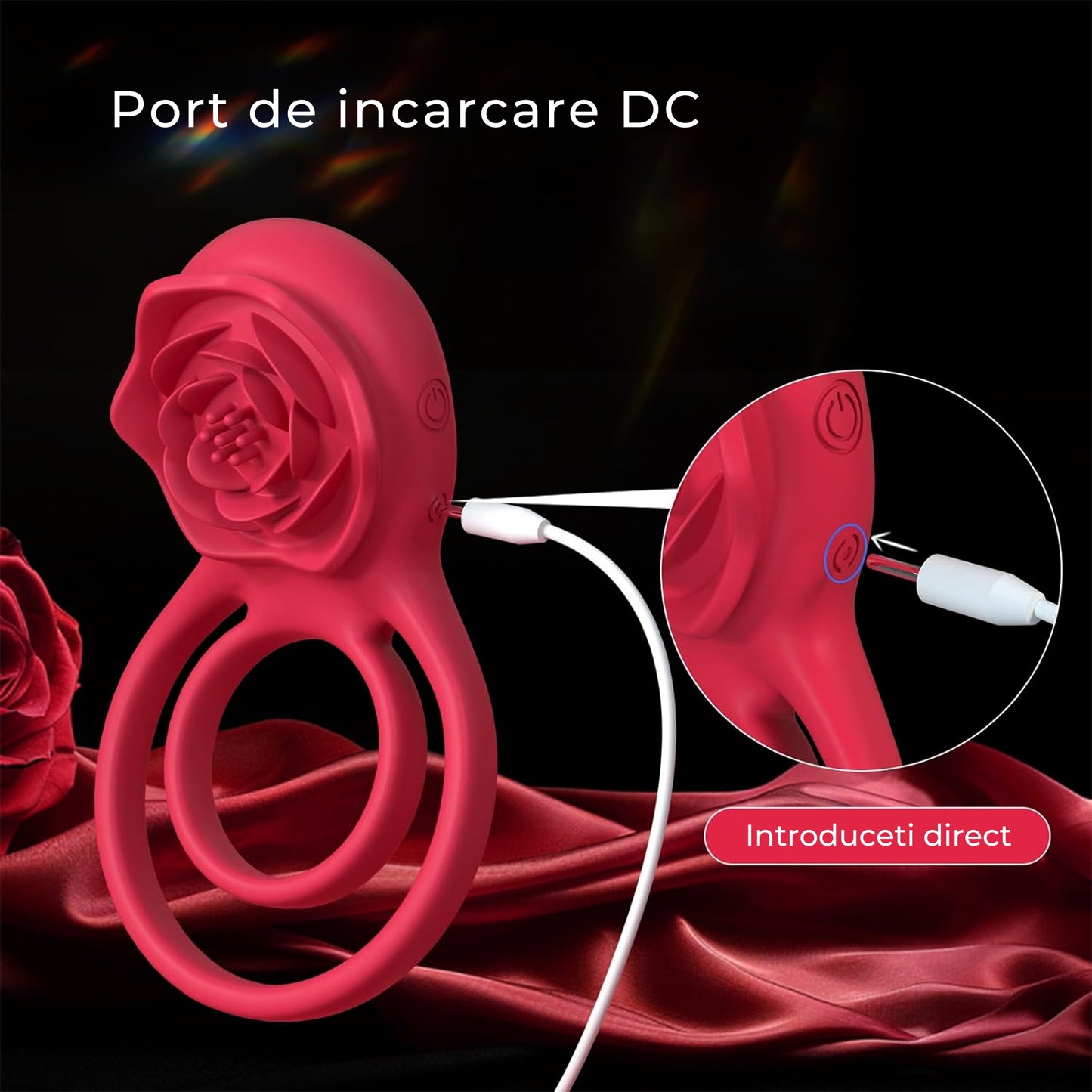 Vibrator LovePlay™ 2 in 1 RosePlay, cu inel dublu pentru penis si testicule, stimulare clitoris si punct G, 7 moduri vibratie, reincarcabil USB, silentios, rezistent la apa, silicon, rosu pudrat - LovePlay