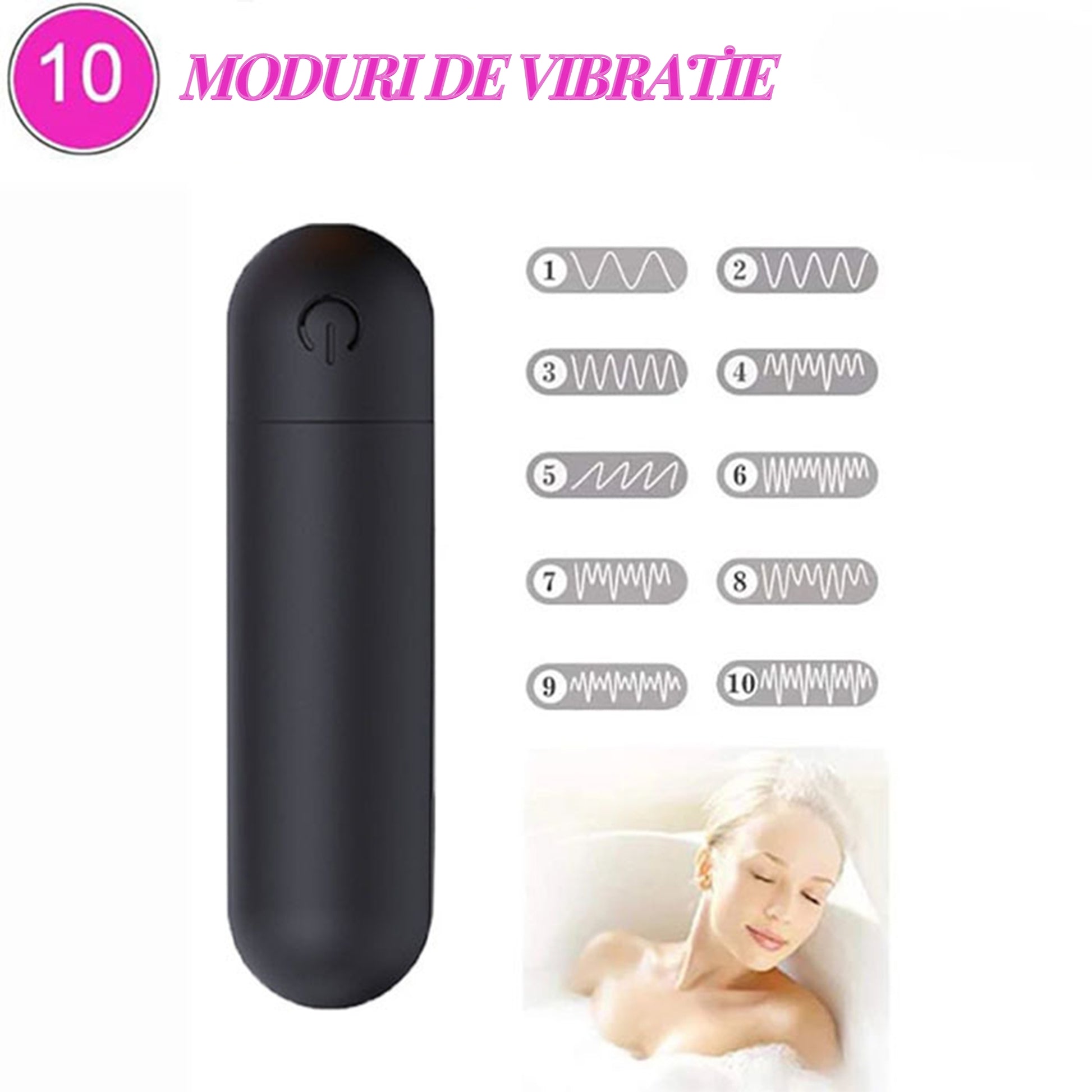 Vibrator LovePlay™ Mini, cu 10 moduri de vibratie, silentios, rezistent la apa, incarcare USB, usor de transportat si curatat, design discret, negru, din silicon, 7.5 cm - LovePlay