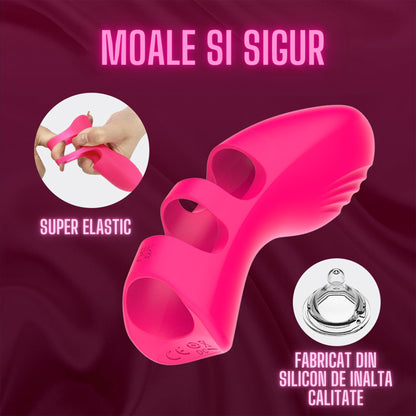 Vibrator LovePlay™ FingerVibe atasabil, cu 10 tipuri de vibratie diferite, rezistent la apa, silentios, incarcare prin USB, stimulare punct G si C, de dimensiuni mici, usor de transportat, din silicon, roz, elastic, 10, 5 x 3, 7 cm