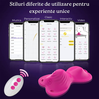 Vibrator LovePlay™ PantyJoy, cu 9 moduri de vibratie prin telecomanda, 9 moduri de vibratie prin aplicatie, dublu motor, design purtabil, pentru stimulare clitoridiana si vaginala, din silicon moale, impermeabil, cu incarcare magnetica USB, roz - LovePlay