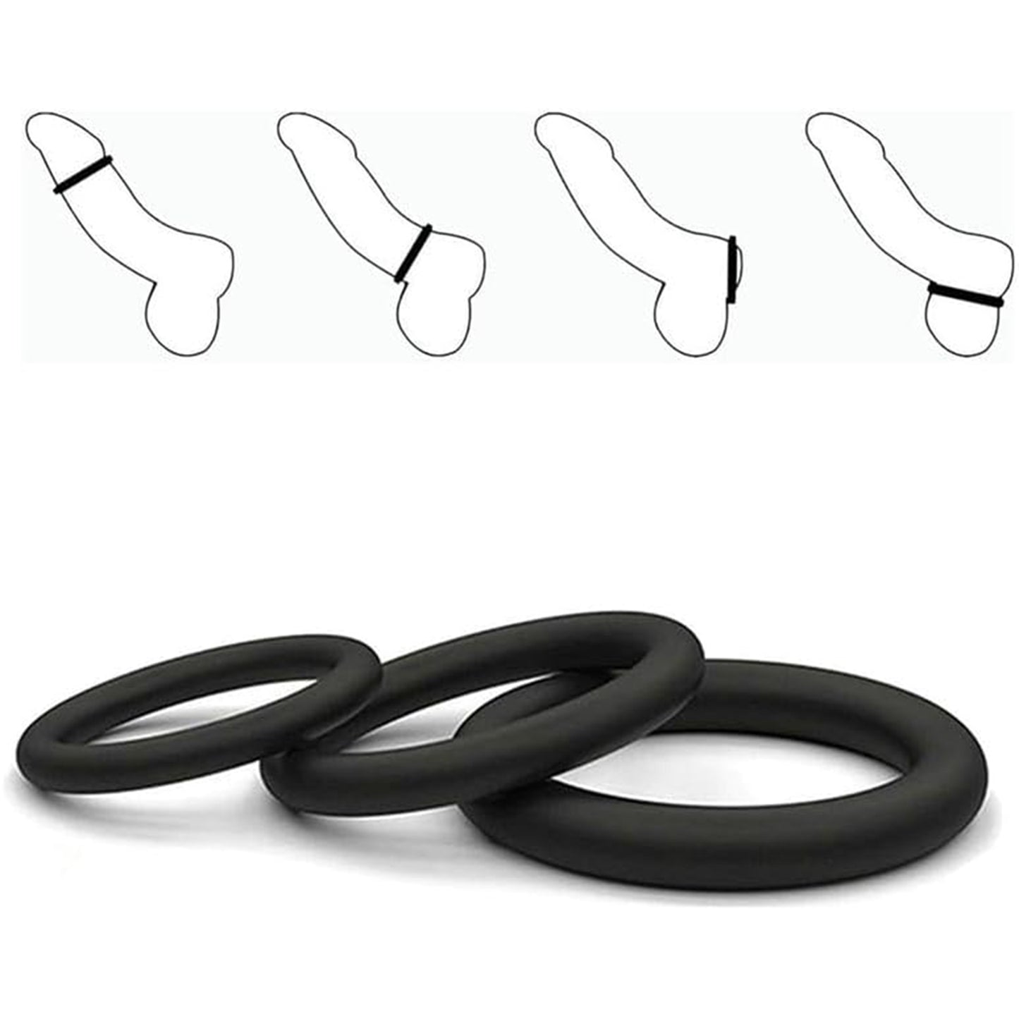 Set 3 inele de penis LovePlay™ pentru mentinerea erectiei si intarzierea ejacularii, din silicon, 3 dimeniuni: 5cm, 4cm si 3cm, negru, confortabile si usor de utilizat - LovePlay
