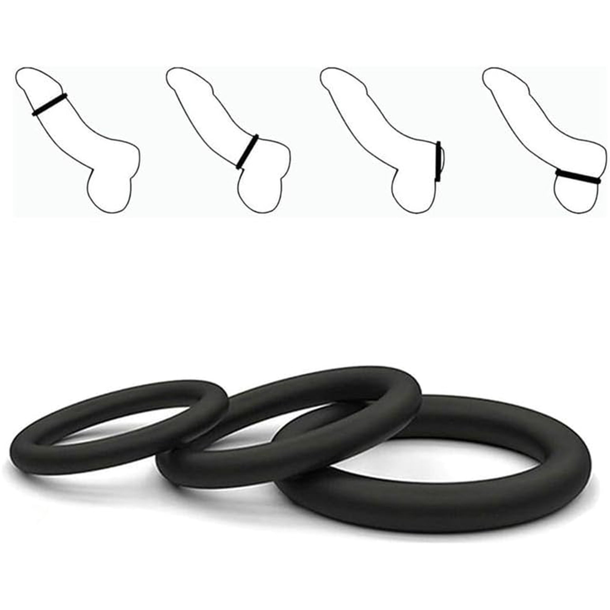 Set 3 inele de penis LovePlay™ pentru mentinerea erectiei si intarzierea ejacularii, din silicon, 3 dimeniuni: 5cm, 4cm si 3cm, negru, confortabile si usor de utilizat - LovePlay