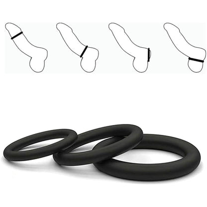 Set 3 inele de penis LovePlay™ pentru mentinerea erectiei si intarzierea ejacularii, din silicon, 3 dimeniuni: 5cm, 4cm si 3cm, negru, confortabile si usor de utilizat - LovePlay