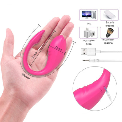 Vibrator LovePlay™ Delfin, cu 9 moduri diferite, cu functie de personalizare vibratii, reincarcabil si rezistent la apa, conexiune Bluetooth, control prin aplicatie, din silicon, roz - LovePlay