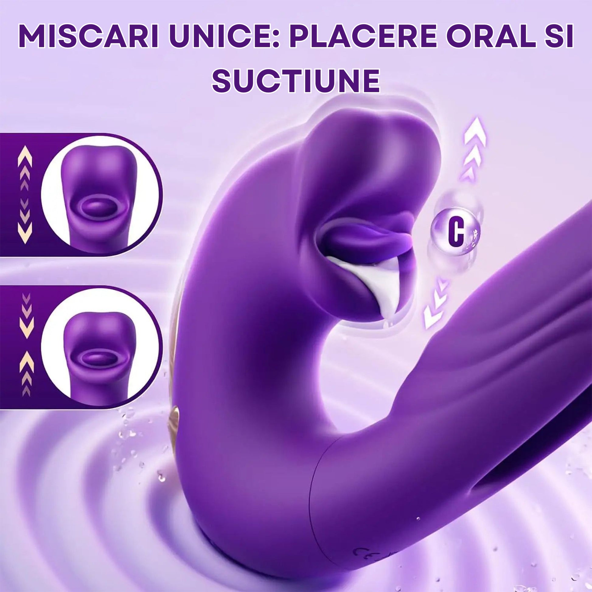 Vibrator Multifunctional Loveplay™ Alien 3 in 1, cu 7 Moduri de Vibratii, 7 Tipuri de Ondulatii, 5 Variatii de Lins, Suctiune Realista cu Buze si Limba, Stimulare Puncte A-G-C, Motor Silentios 30-40 dB, Silicon Premium, Design 2024, Culoare Mov - LovePlay