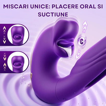 Vibrator Multifunctional Loveplay™ Alien 3 in 1, cu 7 Moduri de Vibratii, 7 Tipuri de Ondulatii, 5 Variatii de Lins, Suctiune Realista cu Buze si Limba, Stimulare Puncte A-G-C, Motor Silentios 30-40 dB, Silicon Premium, Design 2024, Culoare Mov - LovePlay