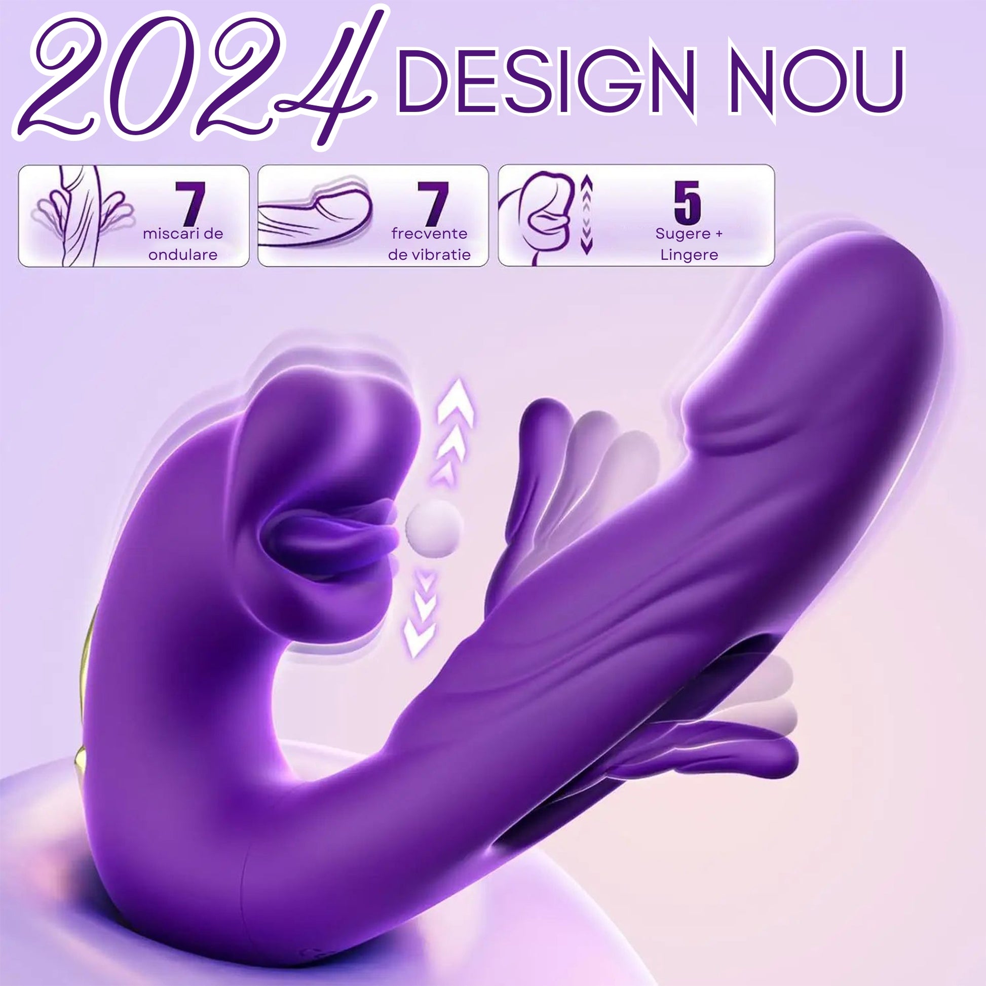 Vibrator Multifunctional Loveplay™ Alien 3 in 1, cu 7 Moduri de Vibratii, 7 Tipuri de Ondulatii, 5 Variatii de Lins, Suctiune Realista cu Buze si Limba, Stimulare Puncte A-G-C, Motor Silentios 30-40 dB, Silicon Premium, Design 2024, Culoare Mov - LovePlay