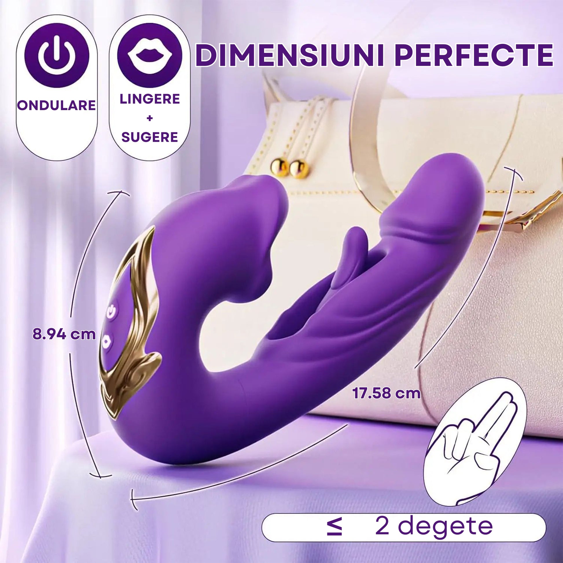 Vibrator Multifunctional Loveplay™ Alien 3 in 1, cu 7 Moduri de Vibratii, 7 Tipuri de Ondulatii, 5 Variatii de Lins, Suctiune Realista cu Buze si Limba, Stimulare Puncte A-G-C, Motor Silentios 30-40 dB, Silicon Premium, Design 2024, Culoare Mov - LovePlay