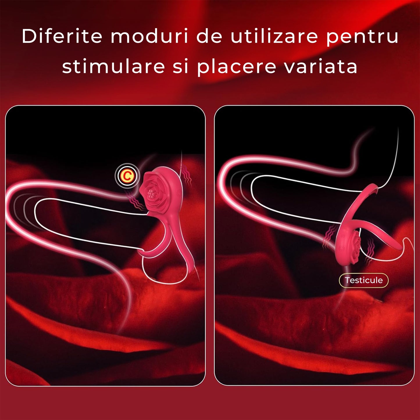 Vibrator LovePlay™ 2 in 1 RosePlay, cu inel dublu pentru penis si testicule, stimulare clitoris si punct G, 7 moduri vibratie, reincarcabil USB, silentios, rezistent la apa, silicon, rosu pudrat - LovePlay