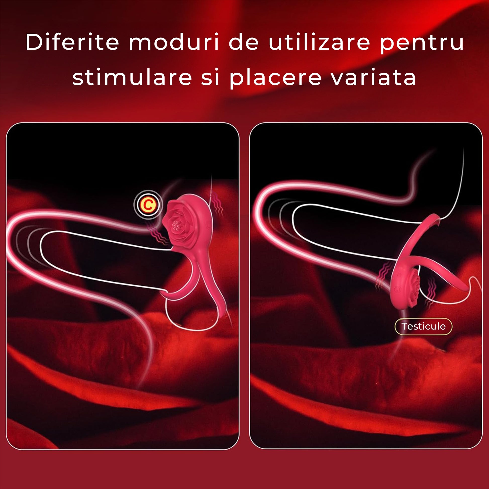 Vibrator LovePlay™ 2 in 1 RosePlay, cu inel dublu pentru penis si testicule, stimulare clitoris si punct G, 7 moduri vibratie, reincarcabil USB, silentios, rezistent la apa, silicon, rosu pudrat - LovePlay