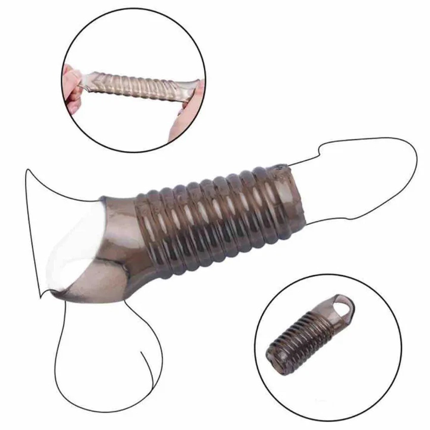 Manson de penis LovePlay™ din silicon premium, cu efect de intarziere a ejacularii, design striat pentru stimulare intensa, fixare sigura cu inel de prindere, negru, 11.5 x 3.5 cm - LovePlay
