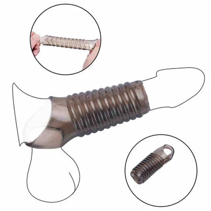 Manson de penis LovePlay™ din silicon premium, cu efect de intarziere a ejacularii, design striat pentru stimulare intensa, fixare sigura cu inel de prindere, negru, 11.5 x 3.5 cm - LovePlay